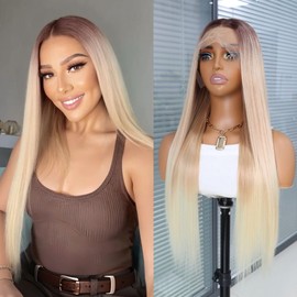 GALLAG Ombre Brown Blonde Lace Front Wig Pre Plucked with Baby Hair Glueless Long Straight 3 Tone Ombre Reddish Brown 613 Blonde Synthetic 13x4 Lace Front Wigs for Women with Dark Roots 24 Inches