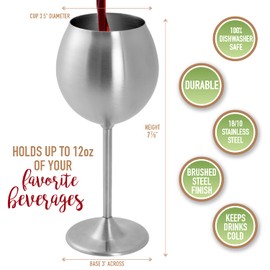 D'Eco Unbreakable 12 Oz Stainless Steel Wine Glasses (4 Pack)- Large Stemmed Matte Silver Wine Goblets - Reusable Indoor Outdoor Drinkware - Insulated Cup Keeps Wine Chilled - Great for Summer Parties