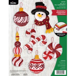 Bucilla, Snowman's Peppermint Collection, Felt Applique 6 Piece Ornament Making Kit, Perfect for DIY Arts and Crafts, 89659E