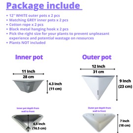 LaLaGreen Wall Planters for Indoor Plants - 2 Pack, 12 Inch Large Self Watering White Geometric Hanging Flower Vase Vessel with Metal Hanger, Modern Stylish Wall Mounted Succulent Pot Holder Decor