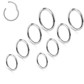 8 Pieces 6/8/10/12 mm 16G Stainless Steel Nose Ring Hoop Women Men Septum Clicker Ring Nose Ring Set Ear Lip Nose Piercing Lip Piercing Cartilage Hoop Earrings for Men Women, Stainless Steel