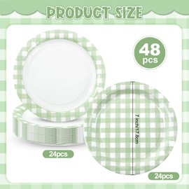 Houuqe 48pcs Sage Green Gingham Party Plates 7 Inch Checkered Plaid Dessert Plates Disposable Green and White Paper Plate for Fall Picnic BBQ Birthday Summer Dinner Party Supplies