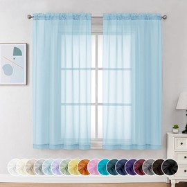 Chyhomenyc Sky Blue Sheer Curtains 54 Inch Long 2 Panels, Light Filtering Rod Pocket Voile Short Curtains Drapes for Living Room Bedroom Small Windows, 42Wx45L Inches