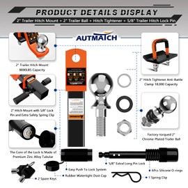 AUTMATCH Trailer Hitch Ball Mount with 2 Inch Hitch Ball - Fits 2" Receiver with Hitch Tightener, 8000Lbs Capacity Ball Hitch, 2-Inch Drop with 5/8" Hitch Lock Pin, Orange & Black