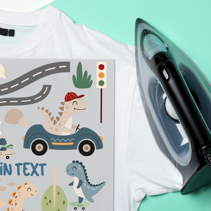 GRAZDesign Iron-On Transfer Dino Set Cars with Name, DIN A4,