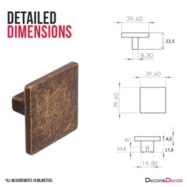 Decoranddecor Calla Square Cabinet Knob Door Pull Handle Kitchen Cupboard Furniture Drawer (6 Pack, Antique Copper)