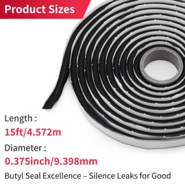 AggSound 15 Ft Butyl Sealant Tape – Diameter 3/8" Butyl Rubber Sealing for Automotive (Car, RV, Truck, Boat) Windows, Doors, Roofs, Headlights, Car Audio and Windshields, 1 Roll