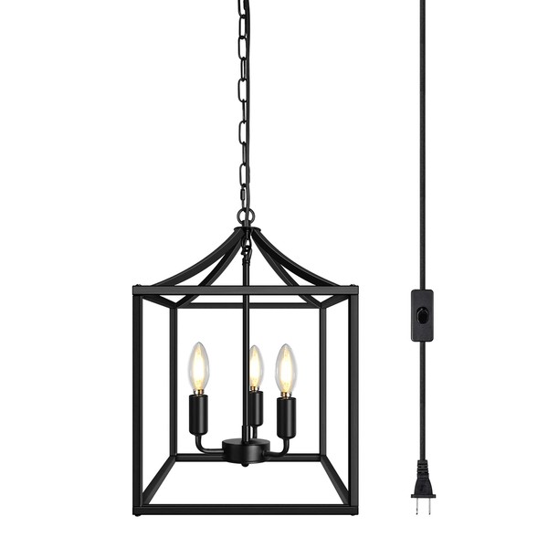 Plug in Black Farmhouse Chandelier with 16.8ft Hanging Cord, 3-Light Industrial Rustic Pendant Light Fixture for Kitchen Island Dining Room Bedroom Foyer