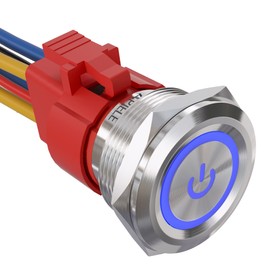 APIELE 10 Amp 25mm Latching Push Button Switch 12V Angel Eye LED Power Logo Waterproof Stainless Steel Round Self-Locking 1'' 1NO 1NC (Blue Ring LED + Power Logo)