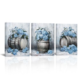sechars Hydrangea Floral Wall Art Rustic Flower in Wooden Barrel Painting Art Prints Canvas Vintage Farmhouse Kitchen Wall Decor (Blue)
