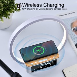 Morwealth LED Bedside Lamp Touch Dimmable with Charging Function, 10 W Wireless Charger Table Lamp Daylight Alarm Clock with Alarm Clock Display, Night Light 3 Levels Brightness for Bedroom Office