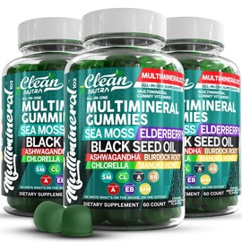 Clean Nutra Sea Moss Black Seed Oil Gummies with Ashwagandha, Elderberry, Burdock Root, Chlorella, Manuka Honey - Vegan Gummy Vitamins for Women Men:_3 Bottles