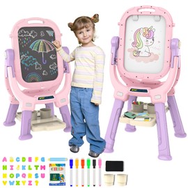 PUPPSITTY Easel for Kids, Adjustable Standing Rotatable Double Sided Toddlers Art Easel with Painting Accessories, Drawing Board Gift for Boys and Girls, Pink