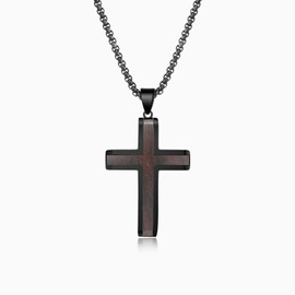 YURSIKAX Wooden Cross Necklace for Men, Real Handmade Ebony Wood Cross Pendant Stainless Steel Chain, Black Mens Cross Necklaces Christian Baptism Crucifix Pendant for Men