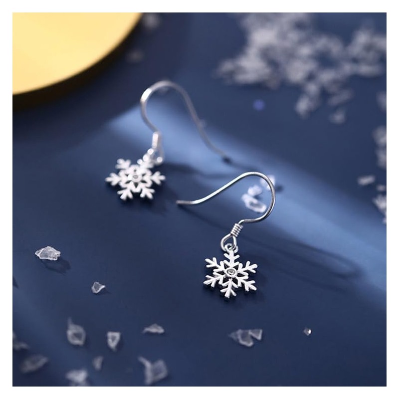 Christmas Earrings for Women, Silver Snowflake Drop Dangle Hook Earrings