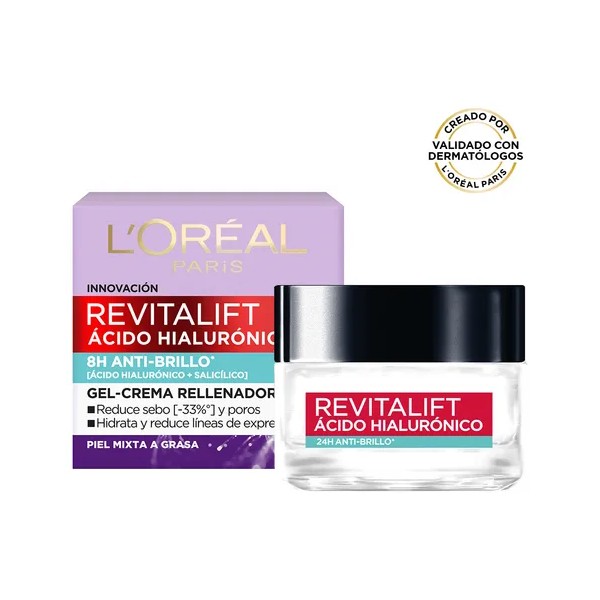 Gel Crema Facial Refrescante, Revitalift Ácido Hialurónico Anti-Brillo, con Ácido