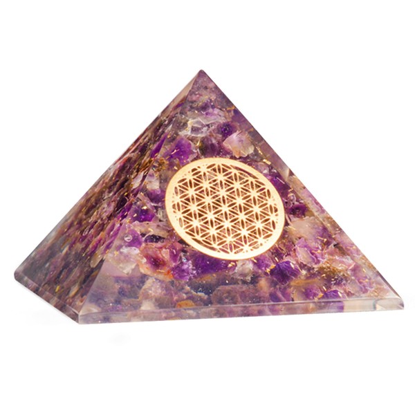 FASHIONZAADI Amethyst Orgone Flower of Life Orgonite Crystal Pyramid Orgone E-Energy Handmade Natural Stones Sculpture | Figurine for Feng Shui Chakra Balancing Home Decor | Office Desk Accessories