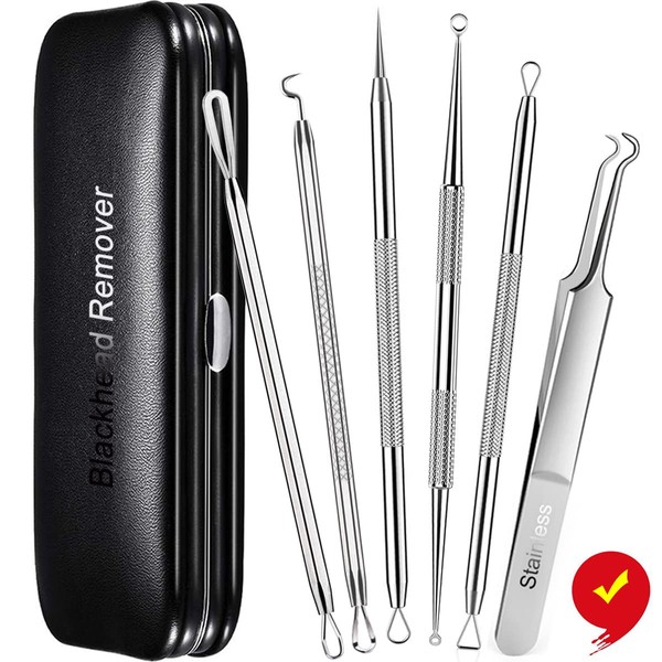 Blackhead Remover Tools, Blackhead Extractor, 6 Pack Pimple Popper Tool Kit for Blackhead, Whitehead, Pimple, Acne, Zit, Comdone, Pores, Fat Granules, Blemishs on Nose, Face - with Organized Case
