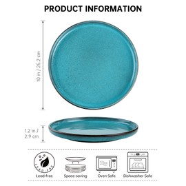 Henten Home 10 Inch Ceramic Dinner Plates, Porcelain Steak Plates Set of 4, Fluted Round Plates for Kitchen, Pasta, Salad Stonware Dishes, Scratch Resistant (Turquoise)