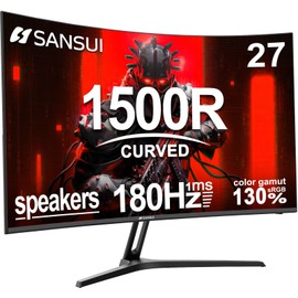 SANSUI 27 Inch Curved Gaming Monitor 180Hz 1ms with Speakers FHD 1080P Computer Monitor FreeSync|1500R|130% sRGB|HDR|Low Blue Light|HDMI DP Ports|VESA Mount|Metal Stand(ES-G27C1 HDMI Cable Incl.)