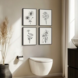 4 Pieces Vintage Flower Wall Decor | Framed Canvas Minimalist Black and White Floral Wall Art, Set of 4 Retro Floral Botanical Pictures for Rustic Farmhouse Living Room Bedroom Bathroom Wall Decor