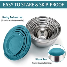 P&P CHEF Blue Mixing Bowl with Lid Set of 6, Stainless Steel Nesting Mixing Bowls for Kitchen Stirring & Storing, Size 0.7, 1, 1.5, 2, 2.6, 4.6 Qt, Tight-fitting Lid & Non-Slip Base