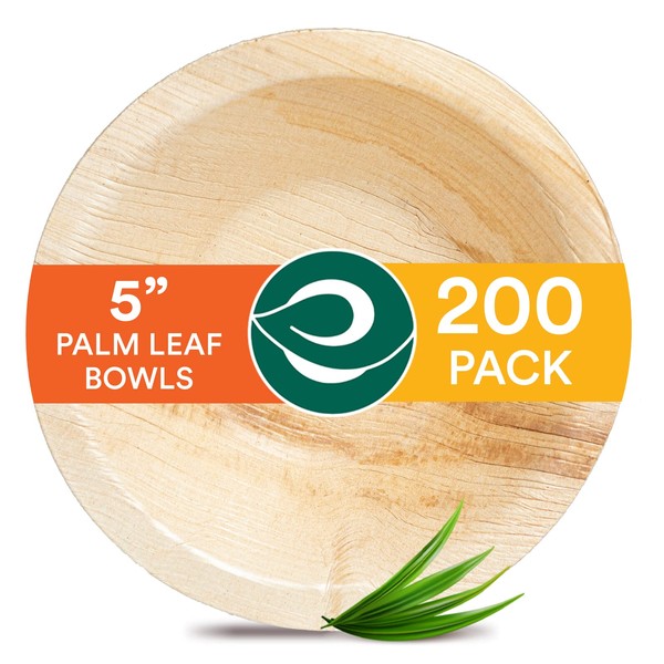 ECO SOUL 100% Compostable Small 5 Inch 8 Oz Palm Leaf Bowls [200-Pack] Disposable Dessert Bowls Bamboo Style I Heavy Duty Eco-Friendly Sturdy Bowl I Biodegradable Eco Bowls