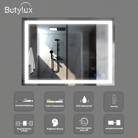 Butylux 32x24 inch LED Bathroom Mirror with Adjustable, Stepless Dimmable, Anti-Fog, Wall Mounted Lighted Bathroom Mirror with Smart Touch Button, Memory Function, 3000K-6000K (Horizontal/Vertical)