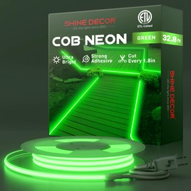 Shine Decor COB LED Neon Rope Light AC110-120V 32.8ft, 800lm Ultra Bright(Green), IP65 Waterproof ETL COB LED Strip Light, Cuttable LED Tape Light for Cabinet Bedroom Commercial 10x4.5mm