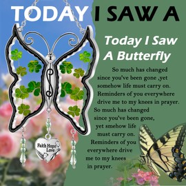 KY&BOSAM Shamrock Butterfly Suncatcher Faith Hope Love Irish Stained Glass for Windows Suncatchers Hangings Ornament Wind Chime with Real Flower as Gifts for Mom Mothers Day St Patrick's Day Decor