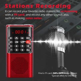 PRUNUS J-328 Mini Portable Pocket FM Radio MP3 Walkman Radio with Recorder, Lock Key, SD Card Player, Rechargeable Battery Operated(NO AM) Red