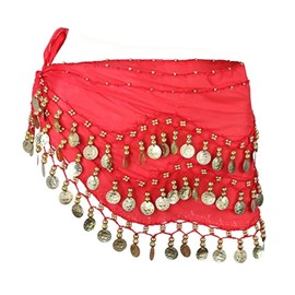 Belly Dance Hip Skirt Scarf Wrap Belt with 128 Dangling Gold Coins, Chiffon Belly Dancing Skirts Outfit Accessory for Women