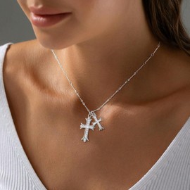 Warshion Cross Necklace Silver Plated Double Cross Pendant Necklace Dainty Diamond Cross Charm Link Chain Choker Delicate Faith Jewelry Religious Gifts for Women