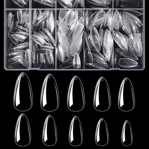 BTArtbox 500 Pieces Almond Tips for Nails Medium Full Cover Almond Nail Tips for Gel Nails Clear Acrylic Nail Tips Almond Shape Artificial Fingernails with Box for Nail Salons and DIY Nail Art, 10 Sizes