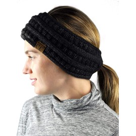 C.C Cable Knit Fuzzy Lined Ear Warmer Ponytail Pony Headband, Black
