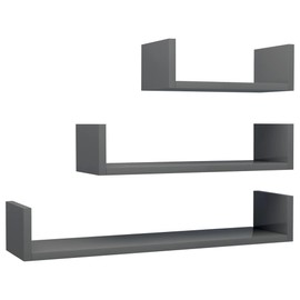 Shelf Set of 3 High Gloss Grey Engineered Wood, Wall Shelves & Ledges, 800206