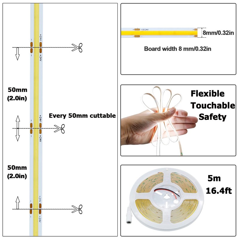 KXZM 24V COB LED Strip Light Cool White 6000K 2400LEDs