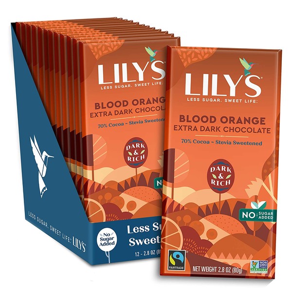Blood Orange Dark Chocolate Bar by Lily's | Stevia Sweetened, No Added Sugar, Low-Carb, Keto Friendly | 70% Cocoa | Fair Trade, Gluten-Free & Non-GMO | 3 ounce, 12-Pack