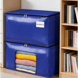 Figarge Pack of 2 Storage Bags with Zip and Labels 90 L Large Moving Bags for Moving Boxes, Storage, Travel, Camping, Garden Tools, Waterproof Moving Bags (Blue, Pack of 2)