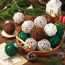Hungdao 24 Pcs Crochet Christmas Ornament Balls Set Handmade Knit Christmas Ball Neutral Farmhouse Boho Rustic Style Xmas Tree Ornaments for Xmas Home Decor(Brown,Green,Apricot,Cream)