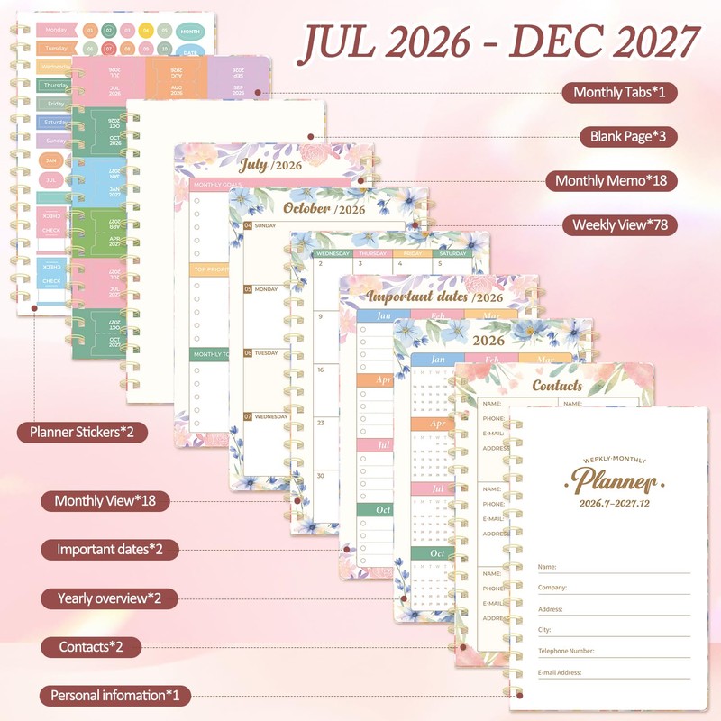 Planner 2026-2027, Floral 18 Months Academic Daily Weekly Monthly Planner