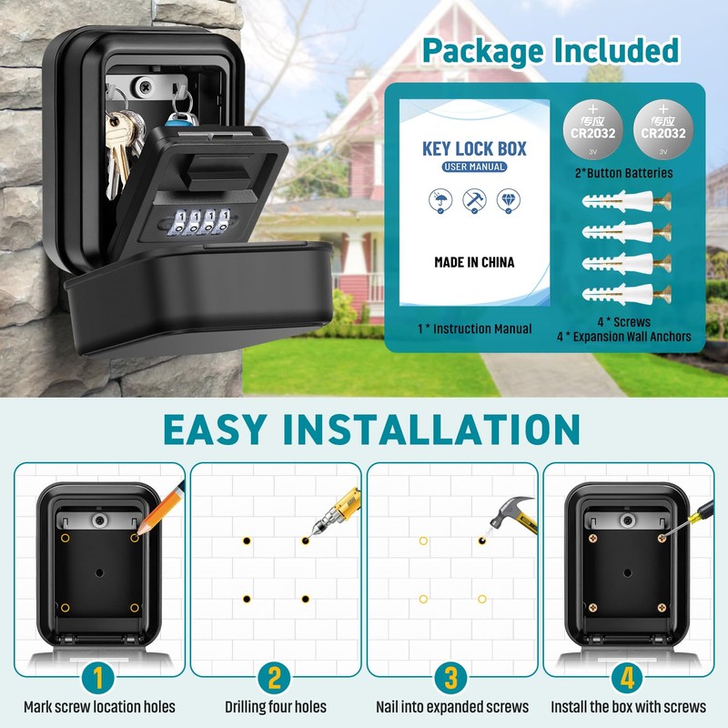 TEUEN Key Lock Box, Waterproof Wall Mount Lock Box for