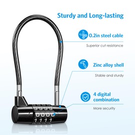 Brifit Combination padlock, lock with number code, 4 digit with long shackle, steel wire diameter 5 mm, length 175 mm, good toughness, for suitcases, lockers, filing cabinets, wardrobes
