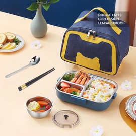 Greensen Insulated Bento Box Thermal Lunch Box 1100ml Double Decker with Flowproof Lid, Portable Food Container with Rust Resistant 304 Stainless Steel (Blue Yellow)