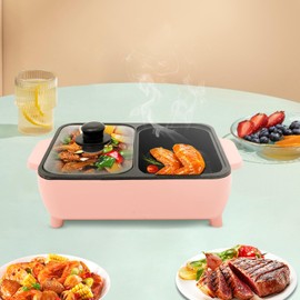 XUANIIIL Electric hot pot with Grill, Fast Heating - 1200 W, Dual Temperature Control, 2-In-1 Frying Pan Shabu Shabu, Indoor Non-Stick and Griddle for Boiling, BBQ, Steaks, Noodles (Pink)