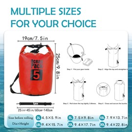 Dry Bag 5L, Boat Dry Bags Red Waterproof Bag Dry Sack Roll Top Long Adjustable Shoulder Strap 2L/5L/10L/20L/30L/40L for Drifting Boating Kayaking Fishing Rafting Swimming Camping Canoeing Surfing
