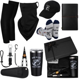 Aliceset 9 Pcs Men Fishing Gifts Sets Include Fishing Remover Tool Kit 20 oz Stainless Steel Tumbler Hat Face Mask Sun Protection Sleeves Socks Journal with Gift Box for Dad Grandpa Christmas Gift
