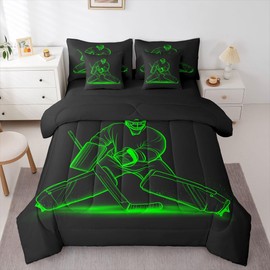 Erosebridal Ice Hockey Sticks 7 Piece Bedding Set Full Athlete Silhouette Comforter Set with Sheets Hockey Puck Bed in a Bag Green Black for Kids Boys Adult Men