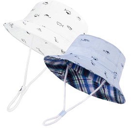 2 Pics Sun Protection Hat for Kids Toddler Boys Girls Wide Brim Summer Outdoor hat Baby Bucket Hat with Chin Strap(Blue Fish+White Fish,48cm(6-12M))