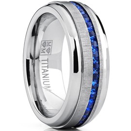 Men's Titanium Wedding Band Engagement Ring W/Blue Simulated Sapphire Cubic Zirconia Princess CZ 11